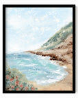 Aluna - Coastal beach landscape painting art print blending light blue, royal blues, and teal with earthy green, blue green, beige, cognac brown, deep brown, cream, gray, and white; framed in black oak by NLS Design. Large neutral wall art for living rooms, bedrooms, offices, and above the couch and above the bed. Modern coastal, Nancy Meyers, tropical. Pottery Barn dupe, Serena & Lily, Magnolia, Crate & Barrel, and McGee style. Real art by a real artist - NO AI. nlsdesignllc.com
