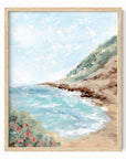 Aluna - Coastal beach landscape painting art print blending light blue, royal blues, and teal with earthy green, blue green, beige, cognac brown, deep brown, cream, gray, and white; framed in natural oak by NLS Design. Large neutral wall art for living rooms, bedrooms, offices, and above the couch and above the bed. Modern coastal, Nancy Meyers, tropical. Pottery Barn dupe, Serena & Lily, Magnolia, Crate & Barrel, and McGee style. Real art by a real artist - NO AI. nlsdesignllc.com