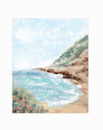 Aluna - Coastal beach landscape painting art print blending light blue, royal blues, and teal with earthy green, blue green, beige, cognac brown, deep brown, cream, gray, and white; unframed by NLS Design. Large neutral wall art for living rooms, bedrooms, offices, and above the couch and above the bed. Modern coastal, Nancy Meyers, tropical. Pottery Barn dupe, Serena & Lily, Magnolia, Crate & Barrel, and McGee style. Real art by a real artist - NO AI. nlsdesignllc.com