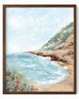 Aluna - Coastal beach landscape painting art print blending light blue, royal blues, and teal with earthy green, blue green, beige, cognac brown, deep brown, cream, gray, and white; framed in walnut oak by NLS Design. Large neutral wall art for living rooms, bedrooms, offices, and above the couch and above the bed. Modern coastal, Nancy Meyers, tropical. Pottery Barn dupe, Serena & Lily, Magnolia, Crate & Barrel, and McGee style. Real art by a real artist - NO AI. nlsdesignllc.com