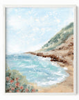 Aluna - Coastal beach landscape painting art print blending light blue, royal blues, and teal with earthy green, blue green, beige, cognac brown, deep brown, cream, gray, and white; framed in white oak by NLS Design. Large neutral wall art for living rooms, bedrooms, offices, and above the couch and above the bed. Modern coastal, Nancy Meyers, tropical. Pottery Barn dupe, Serena & Lily, Magnolia, Crate & Barrel, and McGee style. Real art by a real artist - NO AI. nlsdesignllc.com