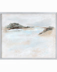 Dwell - abstract beach coastal landscape original painting fine are print in white, light gray, light blue, brown, beige, muted sage green, taupe, tan, cream; framed in silver metal by NLS Design. Large neutral wall art for living rooms, bedrooms, entryways, offices, bathrooms, and above sofas and beds. Modern coastal minimalistic open airy soft design. nlsdesignllc.com