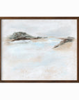 Dwell - abstract beach coastal landscape original painting fine are print in white, light gray, light blue, brown, beige, muted sage green, taupe, tan, cream; framed in walnut oak by NLS Design. Large neutral wall art for living rooms, bedrooms, entryways, offices, bathrooms, and above sofas and beds. Modern coastal minimalistic open airy soft design. nlsdesignllc.com