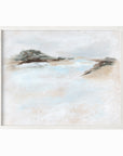 Dwell - abstract beach coastal landscape original painting fine are print in white, light gray, light blue, brown, beige, muted sage green, taupe, tan, cream; framed in white oak by NLS Design. Large neutral wall art for living rooms, bedrooms, entryways, offices, bathrooms, and above sofas and beds. Modern coastal minimalistic open airy soft design. nlsdesignllc.com