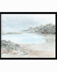 Essence - abstract coastal beach lake landscape original painting fine are print in light blue, beige, green, brown, gray, and white; framed in black oak by NLS Design. Large neutral wall art for living rooms, bedrooms, entryways, offices, bathrooms, and above sofas and beds. nlsdesignllc.com