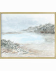 Essence - abstract coastal beach lake landscape original painting fine are print in light blue, beige, green, brown, gray, and white; framed in gold metal by NLS Design. Large neutral wall art for living rooms, bedrooms, entryways, offices, bathrooms, and above sofas and beds. nlsdesignllc.com