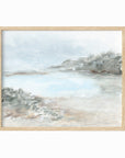 Essence - abstract coastal beach lake landscape original painting fine are print in light blue, beige, green, brown, gray, and white; framed in natural oak by NLS Design. Large neutral wall art for living rooms, bedrooms, entryways, offices, bathrooms, and above sofas and beds. nlsdesignllc.com