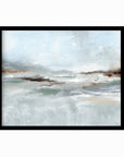 Eventide is a layered abstract coastal inspired painting combining light blue and blue green with soft gray, soft charcoal gray, dark brown, warm brown, cream, beige, and white; framed in black oak by NLS Design. Large neutral wall art for living rooms, bedrooms, entryways, offices, bathrooms, and above couch and bed. Modern coastal beach water soft muted abstract. Real art by a real artist - NO AI. nlsdesignllc.com - 8x10, 11x14, 16x20, 18x24, 24x36, 30x40, 40x60 inches