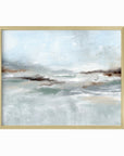 Eventide is a layered abstract coastal inspired painting combining light blue and blue green with soft gray, soft charcoal gray, dark brown, warm brown, cream, beige, and white; framed in gold metal by NLS Design. Large neutral wall art for living rooms, bedrooms, entryways, offices, bathrooms, and above couch and bed. Modern coastal beach water soft muted abstract. Real art by a real artist - NO AI. nlsdesignllc.com - 8x10, 11x14, 16x20, 18x24, 24x36, 30x40, 40x60 inches