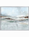 Eventide is a layered abstract coastal inspired painting combining light blue and blue green with soft gray, soft charcoal gray, dark brown, warm brown, cream, beige, and white; framed in silver metal by NLS Design. Large neutral wall art for living rooms, bedrooms, entryways, offices, bathrooms, and above couch and bed. Modern coastal beach water soft muted abstract. Real art by a real artist - NO AI. nlsdesignllc.com - 8x10, 11x14, 16x20, 18x24, 24x36, 30x40, 40x60 inches