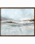 Eventide is a layered abstract coastal inspired painting combining light blue and blue green with soft gray, soft charcoal gray, dark brown, warm brown, cream, beige, and white; framed in walnut oak by NLS Design. Large neutral wall art for living rooms, bedrooms, entryways, offices, bathrooms, and above couch and bed. Modern coastal beach water soft muted abstract. Real art by a real artist - NO AI. nlsdesignllc.com - 8x10, 11x14, 16x20, 18x24, 24x36, 30x40, 40x60 inches