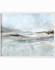 Eventide is a layered abstract coastal inspired painting combining light blue and blue green with soft gray, soft charcoal gray, dark brown, warm brown, cream, beige, and white; framed in white oak by NLS Design. Large neutral wall art for living rooms, bedrooms, entryways, offices, bathrooms, and above couch and bed. Modern coastal beach water soft muted abstract. Real art by a real artist - NO AI. nlsdesignllc.com - 8x10, 11x14, 16x20, 18x24, 24x36, 30x40, 40x60 inches