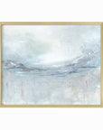 Exhale is an expressive abstract landscape in soft blue, pale gray, muted teal, navy blue, cream, white, and brown, gold metal frame by NLS Design. Large neutral gallery wall art for living rooms, bedrooms, entryways, offices, bathrooms, and above the couch and above the bed. Modern coastal, Nancy Meyers, California coastal, meditative wellness. Horizontal sizes, 8x10, 11x14, 16x20, 18x24, 24x36, 30x40, 40x60 inches. Artwork by NLS Design, nlsdesignllc.com. Real art by a real artist. No AI