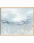 Exhale is an expressive abstract landscape in soft blue, pale gray, muted teal, navy blue, cream, white, and brown, natural oak frame by NLS Design. Large neutral gallery wall art for living rooms, bedrooms, entryways, offices, bathrooms, and above the couch and above the bed. Modern coastal, Nancy Meyers, California coastal, meditative wellness. Horizontal sizes, 8x10, 11x14, 16x20, 18x24, 24x36, 30x40, 40x60 inches. Artwork by NLS Design, nlsdesignllc.com. Real art by a real artist. No AI