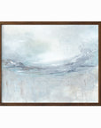 Exhale is an expressive abstract landscape in soft blue, pale gray, muted teal, navy blue, cream, white, and brown, walnut oak frame by NLS Design. Large neutral gallery wall art for living rooms, bedrooms, entryways, offices, bathrooms, and above the couch and above the bed. Modern coastal, Nancy Meyers, California coastal, meditative wellness. Horizontal sizes, 8x10, 11x14, 16x20, 18x24, 24x36, 30x40, 40x60 inches. Artwork by NLS Design, nlsdesignllc.com. Real art by a real artist. No AI
