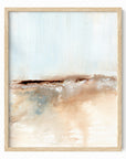 Flowstate - abstract coastal beach water landscape original painting fine are print in light blue, brown, cream, cognac, teal, beige and white; framed in natural oak by NLS Design. Large neutral wall art for living rooms, bedrooms, entryways, offices, bathrooms, and above sofas and beds. nlsdesignllc.com