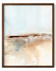 Flowstate - abstract coastal beach water landscape original painting fine are print in light blue, brown, cream, cognac, teal, beige and white; framed in walnut oak by NLS Design. Large neutral wall art for living rooms, bedrooms, entryways, offices, bathrooms, and above sofas and beds. nlsdesignllc.com