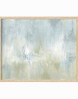 Frequency is a soft, atmospheric abstract painting in light blue green, pale gray, light blue, muted sage green, eucalyptus green, cream, and white; natural oak frame by NLS Design. Large neutral gallery wall art for living rooms, bedrooms, entryways, offices, bathrooms, and above the couch and above the bed. Horizontal Sizes: 8x10, 11x14, 16x20, 18x24, 24x36, 30x40, 40x60 inches. Modern coastal, sea glass, spa, airy, minimalist, Artwork by NLS Design, nlsdesignllc.com. Real art by a real artist - NO AI