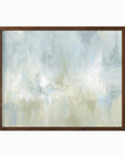 Frequency is a soft, atmospheric abstract painting in light blue green, pale gray, light blue, muted sage green, eucalyptus green, cream, and white; walnut oak frame by NLS Design. Large neutral gallery wall art for living rooms, bedrooms, entryways, offices, bathrooms, and above the couch and above the bed. Horizontal Sizes: 8x10, 11x14, 16x20, 18x24, 24x36, 30x40, 40x60 inches. Modern coastal, sea glass, spa, airy, minimalist, Artwork by NLS Design, nlsdesignllc.com. Real art by a real artist - NO AI