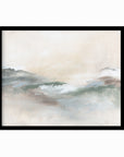 Gleam - abstract landscape original painting fine are print in cream, beige, green, light gray, white and brown, earth tones; framed in black oak by NLS Design. Large neutral wall art for living rooms, bedrooms, entryways, offices, bathrooms, and above sofas and beds. Modern coastal minimalistic muted soft design. nlsdesignllc.com