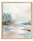 Halo is a luminous abstract landscape in warm beige, yellow cream, coral blush, blue green, jade green, cognac brown, light blue, pale gray, and white, gold metal frame by NLS Design. Large neutral gallery wall art for living rooms, bedrooms, entryways, offices, bathrooms, and above the couch and above the bed. Contemporary coastal, warm quiet luxury, soft muted. Vertical sizes, 8x10, 11x14, 16x20, 18x24, 24x36, 30x40, 40x60 inches. Artwork by NLS Design, nlsdesignllc.com. Real art by a real artist. No AI