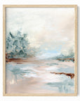 Halo is a luminous abstract landscape in warm beige, yellow cream, coral blush, blue green, jade green, cognac brown, light blue, pale gray, and white, natural oak frame by NLS Design. Large neutral gallery wall art for living rooms, bedrooms, entryways, offices, bathrooms, and above the couch and above the bed. Contemporary coastal, warm quiet luxury, soft muted. Vertical sizes, 8x10, 11x14, 16x20, 18x24, 24x36, 30x40, 40x60 inches. Artwork by NLS Design, nlsdesignllc.com. Real art by a real artist. No AI