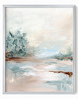 Halo is a luminous abstract landscape in warm beige, yellow cream, coral blush, blue green, jade green, cognac brown, light blue, pale gray, and white, silver metal frame by NLS Design. Large neutral gallery wall art for living rooms, bedrooms, entryways, offices, bathrooms, and above the couch and above the bed. Contemporary coastal, warm quiet luxury, soft muted. Vertical sizes, 8x10, 11x14, 16x20, 18x24, 24x36, 30x40, 40x60 inches. Artwork by NLS Design, nlsdesignllc.com. Real art by a real artist. No AI