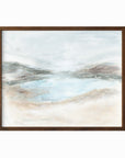 Hidden - abstract coastal beach lake landscape original painting fine are print in light blue, brown, cream, gray, green, beige and white; framed in walnut oak by NLS Design. Large neutral wall art for living rooms, bedrooms, entryways, offices, bathrooms, and above sofas and beds. nlsdesignllc.com