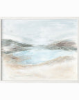 Hidden - abstract coastal beach lake landscape original painting fine are print in light blue, brown, cream, gray, green, beige and white; framed in white oak by NLS Design. Large neutral wall art for living rooms, bedrooms, entryways, offices, bathrooms, and above sofas and beds. nlsdesignllc.com