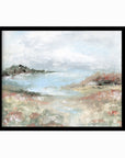 Hidden Light - warm neutral landscape painting fine are print combining earthy greens and blue green with light gray, light blue, creamy yellow, terra cotta, dusty pinks, muted red, deep browns, beige, tan, and white; black oak by NLS Design. Large neutral wall art for living rooms, bedrooms, entryways, offices, bathrooms, and above couch and bed. Modern farmhouse, cottage, rustic impressionistic, country. Pottery Barn dupe, Serena & Lily, McGee style. Real art by a real artist - NO AI. nlsdesignllc.com.