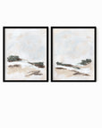 Set of 2 Kindred - abstract landscape original painting fine are print set of 2 (diptych) in muted green, beige, brown, white, light gray and white; framed in black oak by NLS Design. Large neutral wall art for living rooms, bedrooms, entryways, offices, bathrooms, and above sofas and beds. Modern farmhouse, rustic, modern, minimalist, vintage design. nlsdesignllc.com