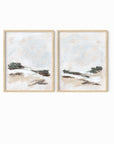 Set of 2 Kindred - abstract landscape original painting fine are print set of 2 (diptych) in muted green, beige, brown, white, light gray and white; framed in natural oak by NLS Design. Large neutral wall art for living rooms, bedrooms, entryways, offices, bathrooms, and above sofas and beds. Modern farmhouse, rustic, modern, minimalist, vintage design. nlsdesignllc.com