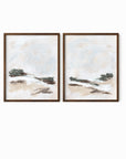 Set of 2 Kindred - abstract landscape original painting fine are print set of 2 (diptych) in muted green, beige, brown, white, light gray and white; framed in walnut oak by NLS Design. Large neutral wall art for living rooms, bedrooms, entryways, offices, bathrooms, and above sofas and beds. Modern farmhouse, rustic, modern, minimalist, vintage design. nlsdesignllc.com
