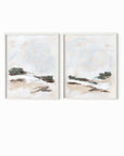 Set of 2 Kindred - abstract landscape original painting fine are print set of 2 (diptych) in muted green, beige, brown, white, light gray and white; framed in white oak by NLS Design. Large neutral wall art for living rooms, bedrooms, entryways, offices, bathrooms, and above sofas and beds. Modern farmhouse, rustic, modern, minimalist, vintage design. nlsdesignllc.com