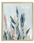Lifted - A vertical, botanical leaves composition built from pale blue gray and blue greens layered with eucalyptus green, muted terra cotta, dusty mauve pink, beige, cognac brown, deep ; framed in gold metal by NLS Design. Large neutral wall art for living rooms, bedrooms, entryways, offices, bathrooms, and above the couch and bed. Modern organic farmhouse, cottage, rustic impressionistic, country, shabby chic, minimalist, muted. Real art by a real artist - NO AI. nlsdesignllc.com