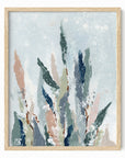 Lifted - A vertical, botanical leaves composition built from pale blue gray and blue greens layered with eucalyptus green, muted terra cotta, dusty mauve pink, beige, cognac brown, deep ; framed in natural oak by NLS Design. Large neutral wall art for living rooms, bedrooms, entryways, offices, bathrooms, and above the couch and bed. Modern organic farmhouse, cottage, rustic impressionistic, country, shabby chic, minimalist, muted. Real art by a real artist - NO AI. nlsdesignllc.com