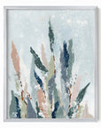 Lifted - A vertical, botanical leaves composition built from pale blue gray and blue greens layered with eucalyptus green, muted terra cotta, dusty mauve pink, beige, cognac brown, deep ; framed in silver metal by NLS Design. Large neutral wall art for living rooms, bedrooms, entryways, offices, bathrooms, and above the couch and bed. Modern organic farmhouse, cottage, rustic impressionistic, country, shabby chic, minimalist, muted. Real art by a real artist - NO AI. nlsdesignllc.com
