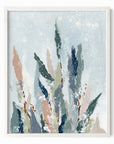 Lifted - A vertical, botanical leaves composition built from pale blue gray and blue greens layered with eucalyptus green, muted terra cotta, dusty mauve pink, beige, cognac brown, deep ; framed in white oak by NLS Design. Large neutral wall art for living rooms, bedrooms, entryways, offices, bathrooms, and above the couch and bed. Modern organic farmhouse, cottage, rustic impressionistic, country, shabby chic, minimalist, muted. Real art by a real artist - NO AI. nlsdesignllc.com