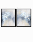 Set of 2 Novelle - abstract botanical floral original painting fine are print set of 2 (diptych) in blue, navy, light blue, light gray, cream, creamy yellow, and white; framed in black oak by NLS Design. Large neutral wall art for living rooms, bedrooms, entryways, offices, bathrooms, and above sofas and beds. Modern farmhouse, rustic, modern, minimalist, vintage design, flowers, leaves, plants, feminine, elegant, organic modern. nlsdesignllc.com