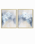 Set of 2 Novelle - abstract botanical floral original painting fine are print set of 2 (diptych) in blue, navy, light blue, light gray, cream, creamy yellow, and white; framed in gold metal by NLS Design. Large neutral wall art for living rooms, bedrooms, entryways, offices, bathrooms, and above sofas and beds. Modern farmhouse, rustic, modern, minimalist, vintage design, flowers, leaves, plants, feminine, elegant, organic modern. nlsdesignllc.com