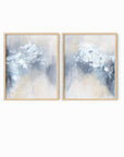 Set of 2 Novelle - abstract botanical floral original painting fine are print set of 2 (diptych) in blue, navy, light blue, light gray, cream, creamy yellow, and white; framed in natural oak by NLS Design. Large neutral wall art for living rooms, bedrooms, entryways, offices, bathrooms, and above sofas and beds. Modern farmhouse, rustic, modern, minimalist, vintage design, flowers, leaves, plants, feminine, elegant, organic modern. nlsdesignllc.com