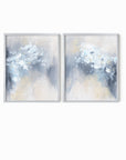 Set of 2 Novelle - abstract botanical floral original painting fine are print set of 2 (diptych) in blue, navy, light blue, light gray, cream, creamy yellow, and white; framed in silver metal by NLS Design. Large neutral wall art for living rooms, bedrooms, entryways, offices, bathrooms, and above sofas and beds. Modern farmhouse, rustic, modern, minimalist, vintage design, flowers, leaves, plants, feminine, elegant, organic modern. nlsdesignllc.com