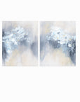Set of 2 Novelle - abstract botanical floral original painting fine are print set of 2 (diptych) in blue, navy, light blue, light gray, cream, creamy yellow, and white; unframed by NLS Design. Large neutral wall art for living rooms, bedrooms, entryways, offices, bathrooms, and above sofas and beds. Modern farmhouse, rustic, modern, minimalist, vintage design, flowers, leaves, plants, feminine, elegant, organic modern. nlsdesignllc.com