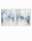 Set of 2 Novelle - abstract botanical floral original painting fine are print set of 2 (diptych) in blue, navy, light blue, light gray, cream, creamy yellow, and white; framed in white oak by NLS Design. Large neutral wall art for living rooms, bedrooms, entryways, offices, bathrooms, and above sofas and beds. Modern farmhouse, rustic, modern, minimalist, vintage design, flowers, leaves, plants, feminine, elegant, organic modern. nlsdesignllc.com