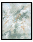 Presence is a painterly abstract led by blue green and light blue, layered with white, beige, cream, soft gray, and warm brown; framed in black oak by NLS Design. Large neutral wall art for living rooms, bedrooms, entryways, offices, bathrooms, and above couch and bed. Modern coastal beach water soft muted abstract. Pottery Barn dupe, Serena & Lily, Magnolia, Crate & Barrel, and McGee style. Real art by a real artist - NO AI. nlsdesignllc.com - 8x10, 11x14, 16x20, 18x24, 24x36, 30x40, 40x60 inches
