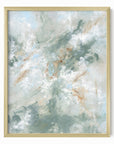 Presence is a painterly abstract led by blue green and light blue, layered with white, beige, cream, soft gray, and warm brown; framed in gold metal by NLS Design. Large neutral wall art for living rooms, bedrooms, entryways, offices, bathrooms, and above couch and bed. Modern coastal beach water soft muted abstract. Pottery Barn dupe, Serena & Lily, Magnolia, Crate & Barrel, and McGee style. Real art by a real artist - NO AI. nlsdesignllc.com - 8x10, 11x14, 16x20, 18x24, 24x36, 30x40, 40x60 inches