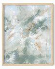 Presence is a painterly abstract led by blue green and light blue, layered with white, beige, cream, soft gray, and warm brown; framed in natural oak by NLS Design. Large neutral wall art for living rooms, bedrooms, entryways, offices, bathrooms, and above couch and bed. Modern coastal beach water soft muted abstract. Pottery Barn dupe, Serena & Lily, Magnolia, Crate & Barrel, and McGee style. Real art by a real artist - NO AI. nlsdesignllc.com - 8x10, 11x14, 16x20, 18x24, 24x36, 30x40, 40x60 inches