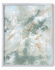Presence is a painterly abstract led by blue green and light blue, layered with white, beige, cream, soft gray, and warm brown; framed in silver metal by NLS Design. Large neutral wall art for living rooms, bedrooms, entryways, offices, bathrooms, and above couch and bed. Modern coastal beach water soft muted abstract. Pottery Barn dupe, Serena & Lily, Magnolia, Crate & Barrel, and McGee style. Real art by a real artist - NO AI. nlsdesignllc.com - 8x10, 11x14, 16x20, 18x24, 24x36, 30x40, 40x60 inches