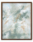 Presence is a painterly abstract led by blue green and light blue, layered with white, beige, cream, soft gray, and warm brown; framed in walnut oak by NLS Design. Large neutral wall art for living rooms, bedrooms, entryways, offices, bathrooms, and above couch and bed. Modern coastal beach water soft muted abstract. Pottery Barn dupe, Serena & Lily, Magnolia, Crate & Barrel, and McGee style. Real art by a real artist - NO AI. nlsdesignllc.com - 8x10, 11x14, 16x20, 18x24, 24x36, 30x40, 40x60 inches