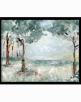 Quiet Arrival - muted landscape original painting fine are print in blue greens and earthy greens layered with light blue, gray, cognac brown, deep brown, terra cotta, cream, and white; framed in black oak by NLS Design. Large neutral wall art for living rooms, bedrooms, entryways, offices, bathrooms, and above couch and bed. Modern farmhouse rustic impressionistic forest meadow trees. Artwork by NLS Design, nlsdesignllc.com. Real art by a real artist - NO AI. Works with Pottery Barn, Crate & Barrel